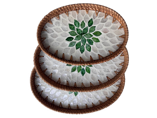 Oval Rattan Tray with Mother of Pearl Inlay - Boho Coffee Table Ottoman Styling, Handmade Vietnam 102