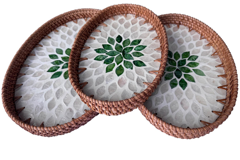 Oval Rattan Tray with Mother of Pearl Inlay - Boho Coffee Table Ottoman Styling, Handmade Vietnam 102