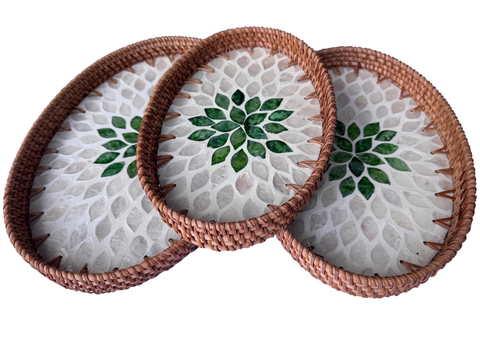 Oval Rattan Tray with Mother of Pearl Inlay - Boho Coffee Table Ottoman Styling, Handmade Vietnam 102