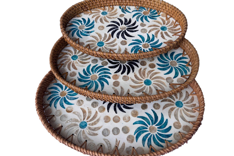 Oval Rattan Tray with Mother of Pearl Inlay - Coffee Table Ottoman Styling, Handmade Vietnam 121