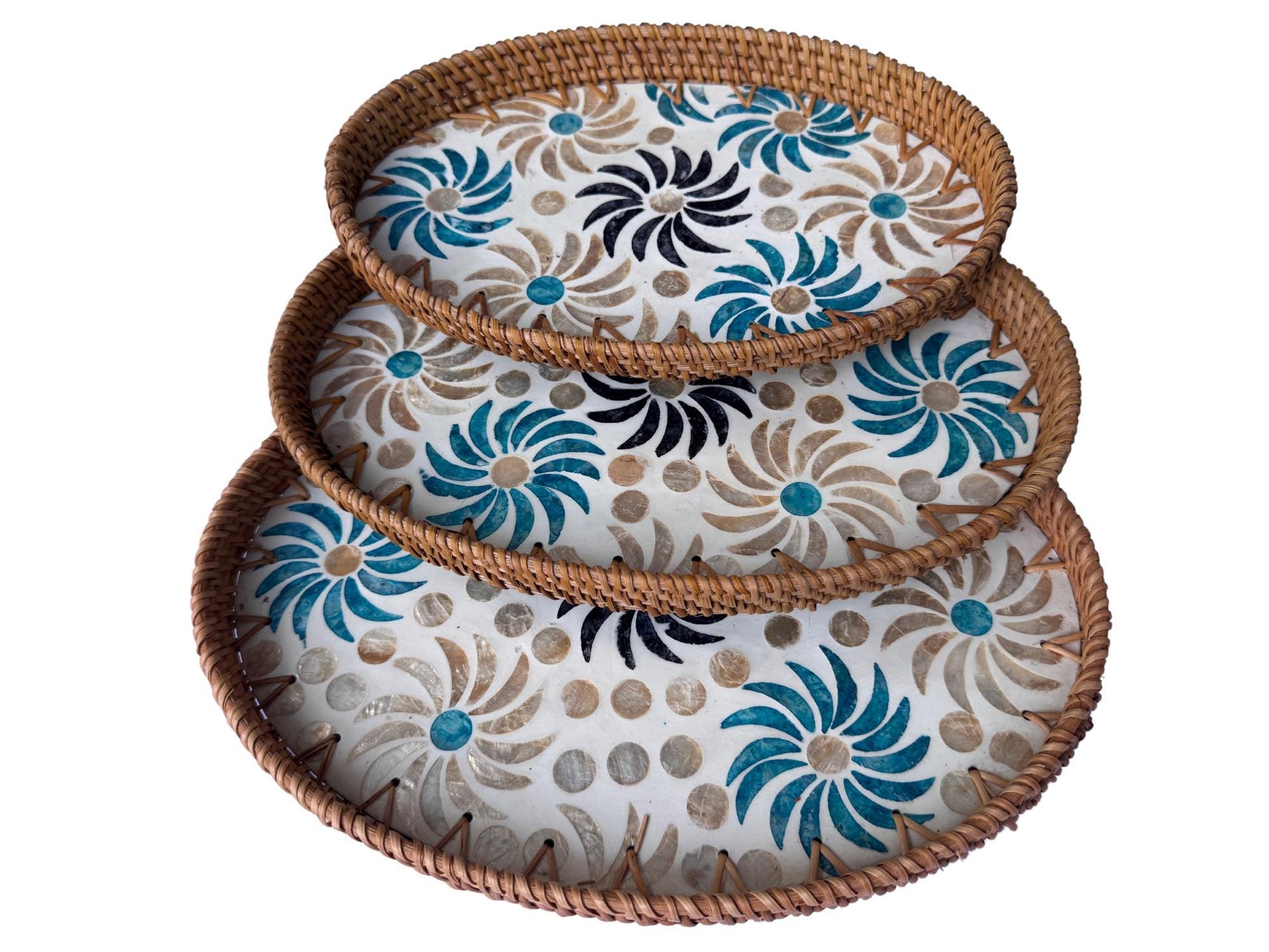 Oval Rattan Tray with Mother of Pearl Inlay - Coffee Table Ottoman Styling, Handmade Vietnam 121