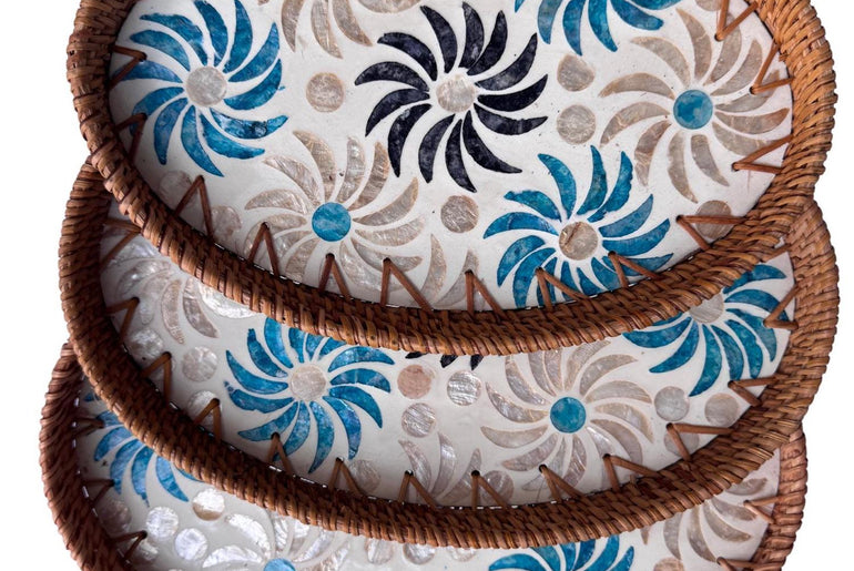 Oval Rattan Tray with Mother of Pearl Inlay - Coffee Table Ottoman Styling, Handmade Vietnam 121