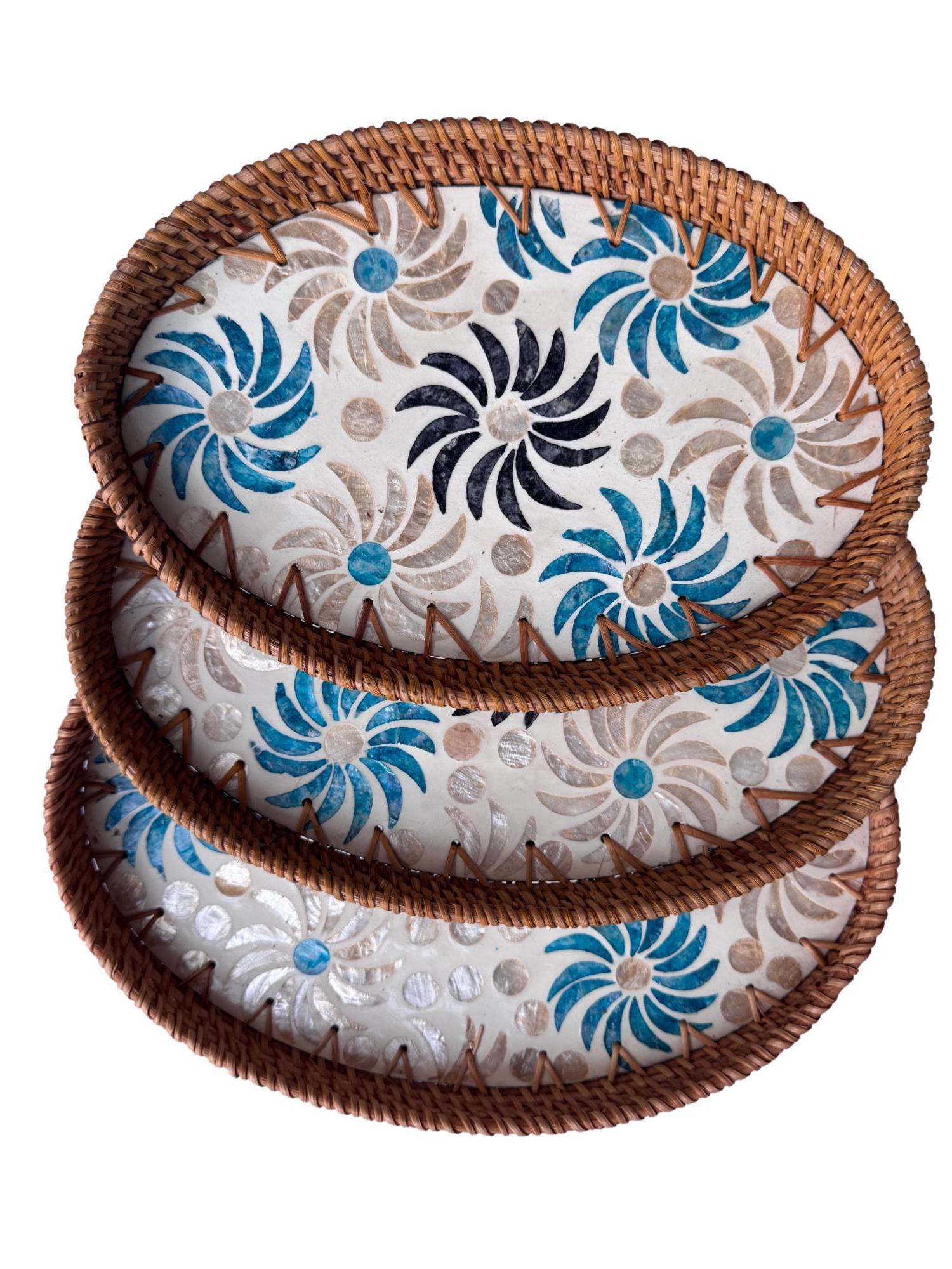 Oval Rattan Tray with Mother of Pearl Inlay - Coffee Table Ottoman Styling, Handmade Vietnam 121