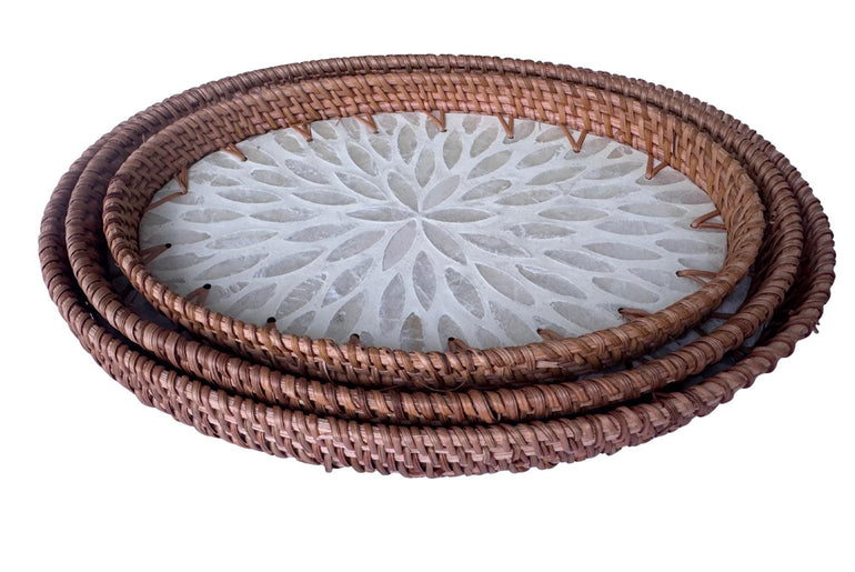 Oval Rattan Tray with Mother of Pearl Inlay - Boho Coffee Table Ottoman Styling Serving 120