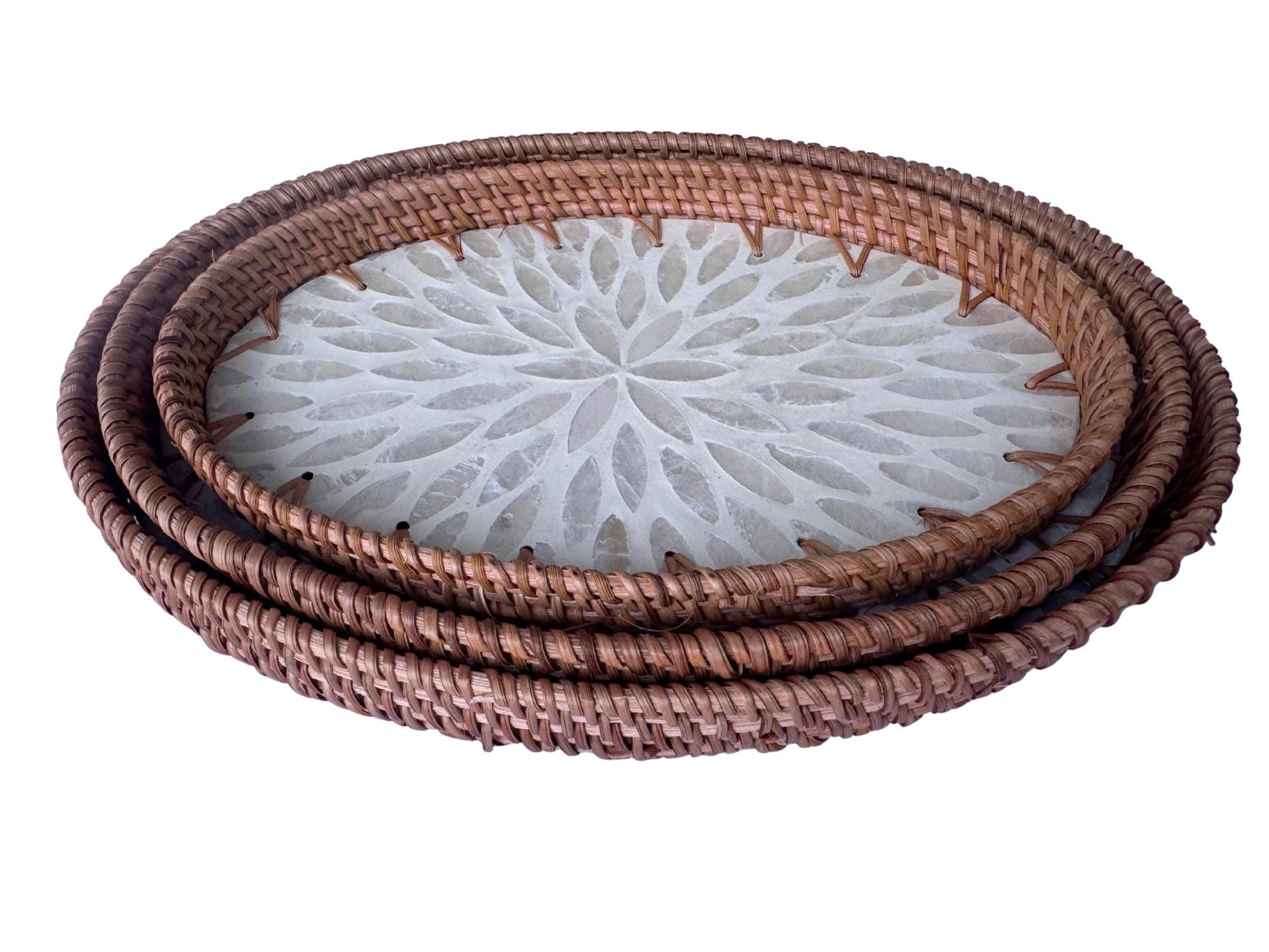 Oval Rattan Tray with Mother of Pearl Inlay - Boho Coffee Table Ottoman Styling Serving 120