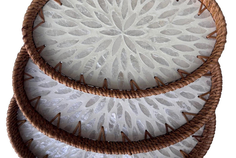Oval Rattan Tray with Mother of Pearl Inlay - Boho Coffee Table Ottoman Styling Serving 120
