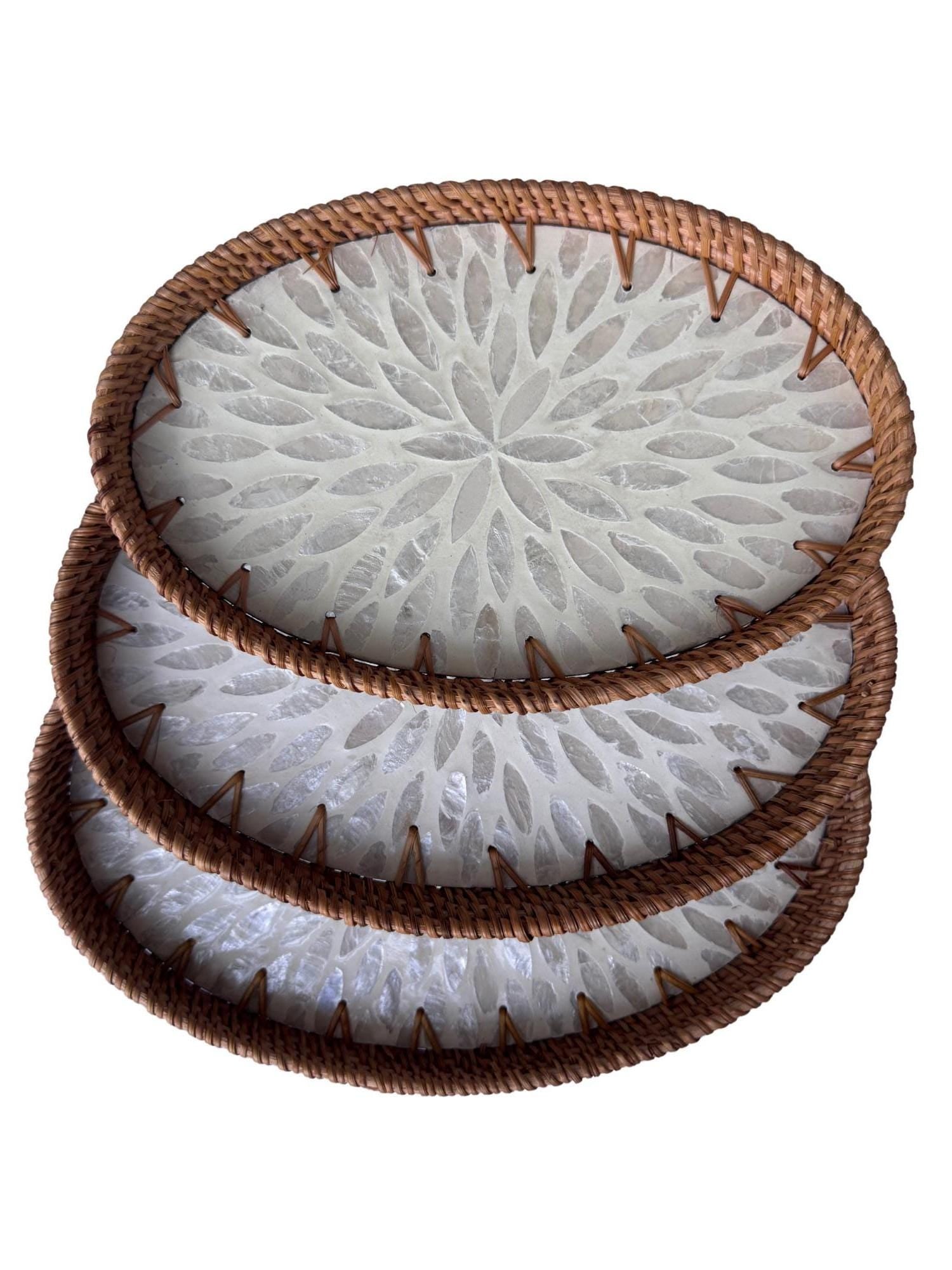 Oval Rattan Tray with Mother of Pearl Inlay - Boho Coffee Table Ottoman Styling Serving 120