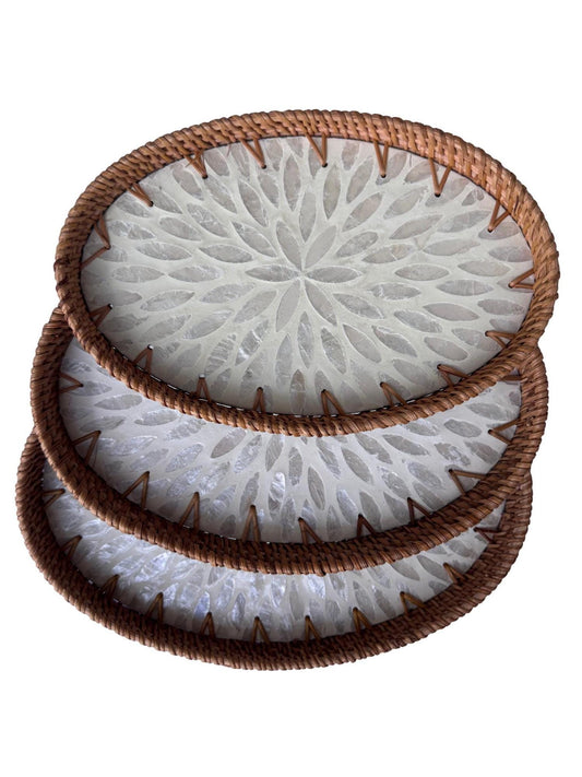 Oval Rattan Tray with Mother of Pearl Inlay - Boho Coffee Table Ottoman Styling Serving 120