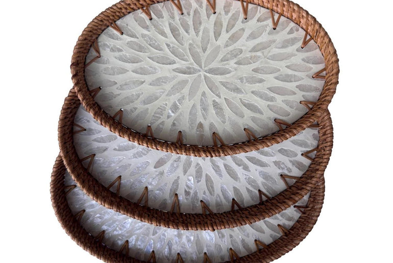 Oval Rattan Tray with Mother of Pearl Inlay - Boho Coffee Table Ottoman Styling Serving 120