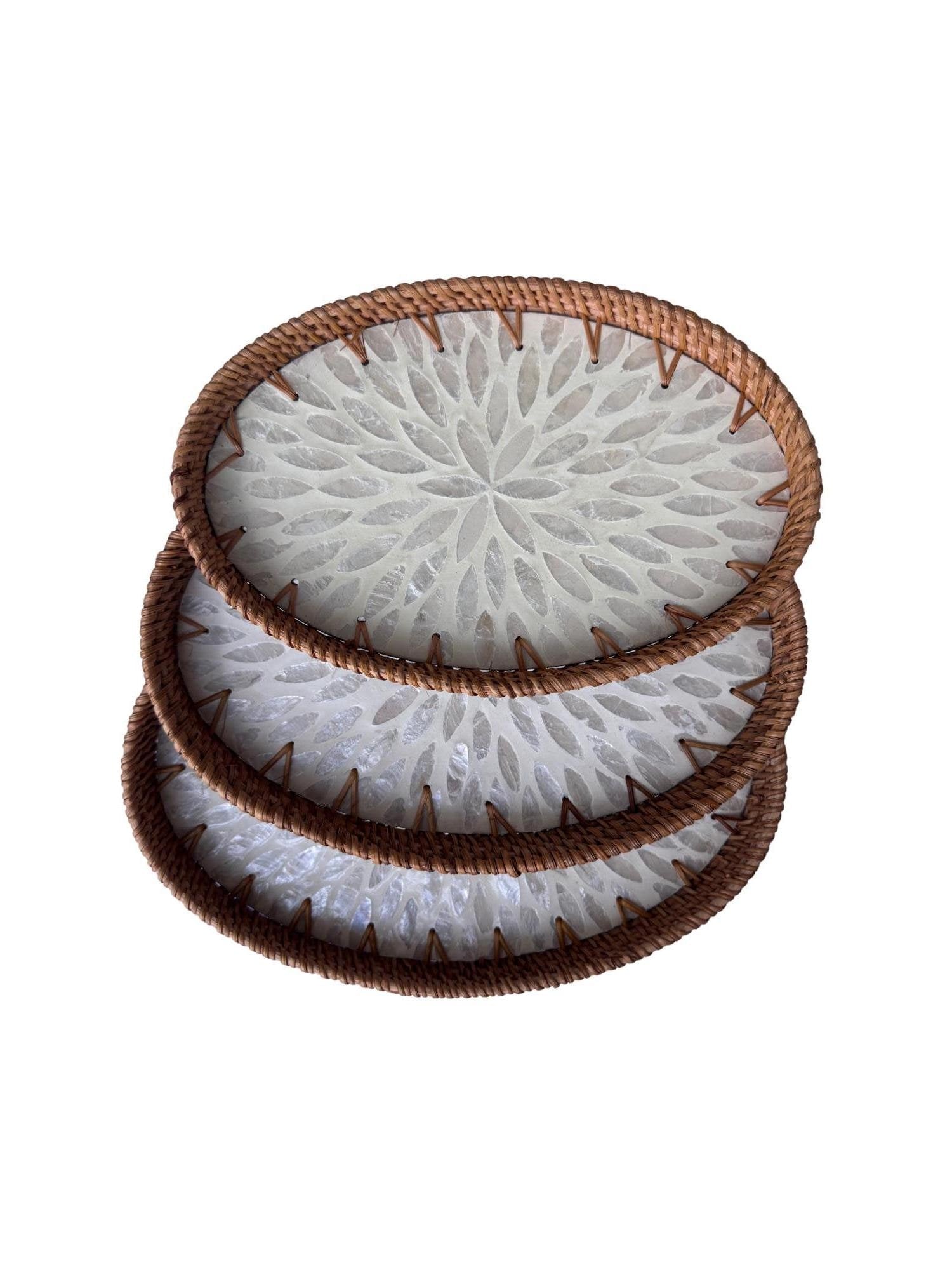 Oval Rattan Tray with Mother of Pearl Inlay - Boho Coffee Table Ottoman Styling Serving 120
