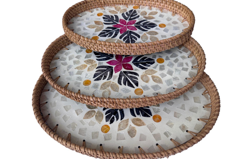 Oval Rattan Tray with Mother of Pearl Inlay - Boho Coffee Table, Handmade Vietnam 101