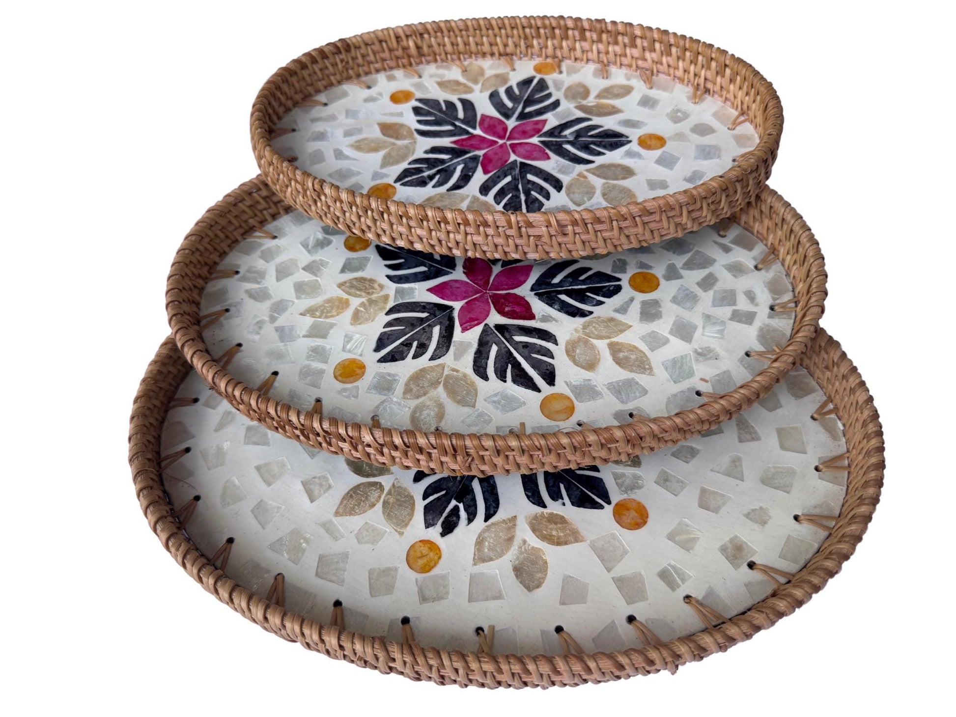 Oval Rattan Tray with Mother of Pearl Inlay - Boho Coffee Table, Handmade Vietnam 101