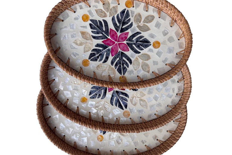 Oval Rattan Tray with Mother of Pearl Inlay - Boho Coffee Table, Handmade Vietnam 101