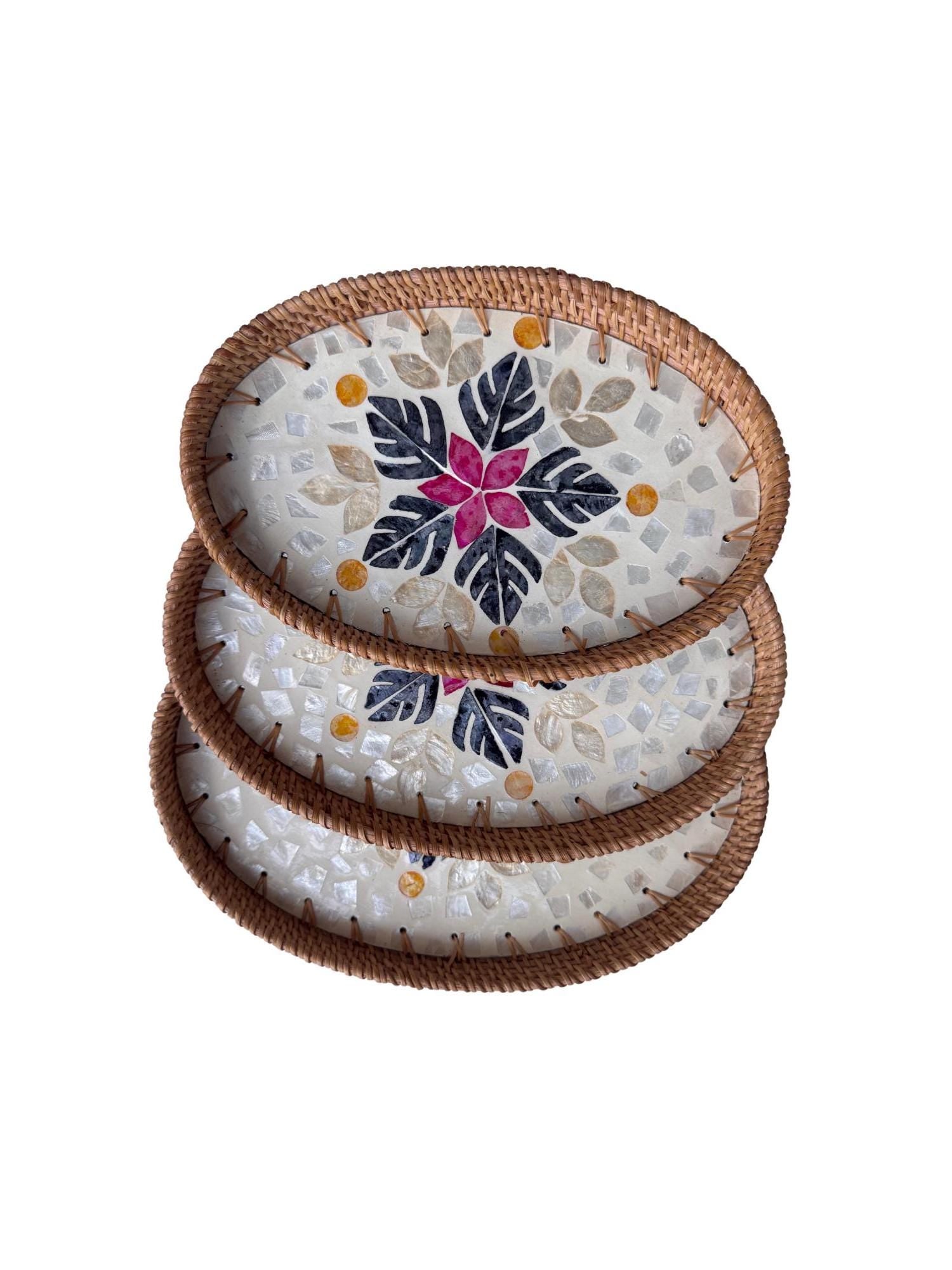 Oval Rattan Tray with Mother of Pearl Inlay - Boho Coffee Table, Handmade Vietnam 101