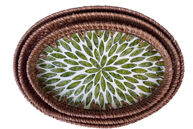 Oval Rattan Tray with Mother of Pearl Inlay - Boho Coffee Table Ottoman, Handmade Vietnam 117