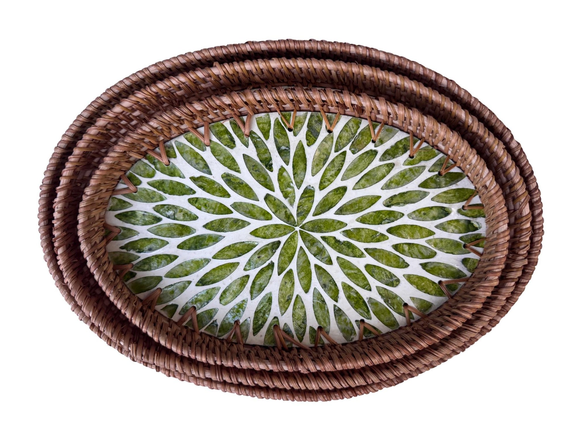 Oval Rattan Tray with Mother of Pearl Inlay - Boho Coffee Table Ottoman, Handmade Vietnam 117