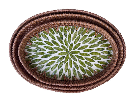 Oval Rattan Tray with Mother of Pearl Inlay - Boho Coffee Table Ottoman, Handmade Vietnam 117
