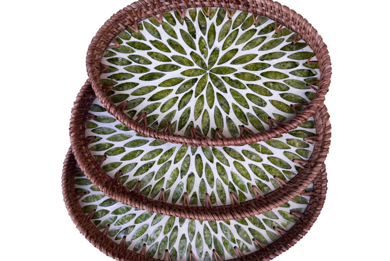 Oval Rattan Tray with Mother of Pearl Inlay - Boho Coffee Table Ottoman, Handmade Vietnam 117
