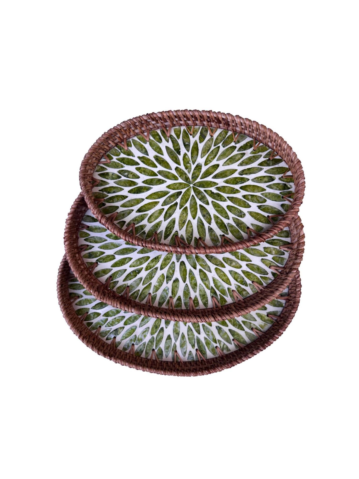 Oval Rattan Tray with Mother of Pearl Inlay - Boho Coffee Table Ottoman, Handmade Vietnam 117