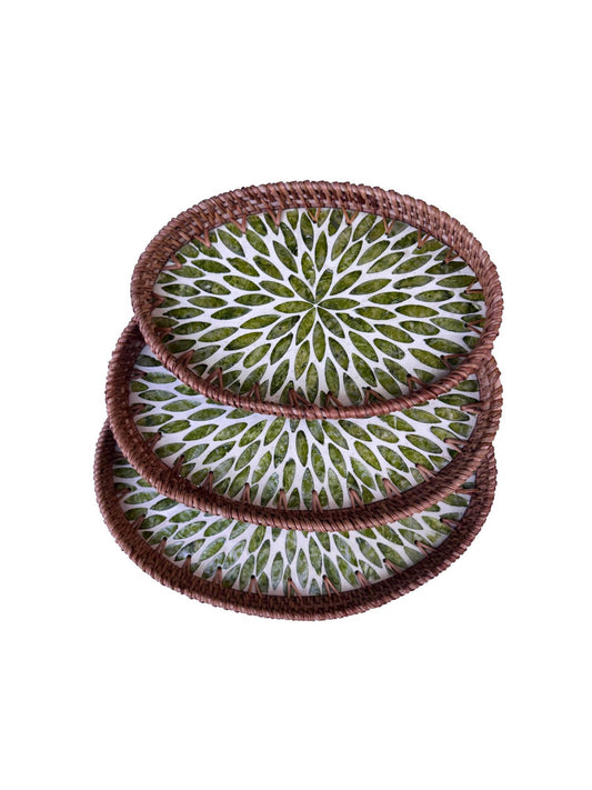 Oval Rattan Tray with Mother of Pearl Inlay - Boho Coffee Table Ottoman, Handmade Vietnam 117