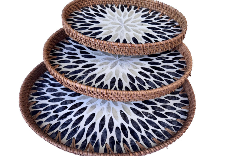 Oval Rattan Tray with Mother of Pearl Inlay - Boho Coffee Table Ottoman Styling Serving 112