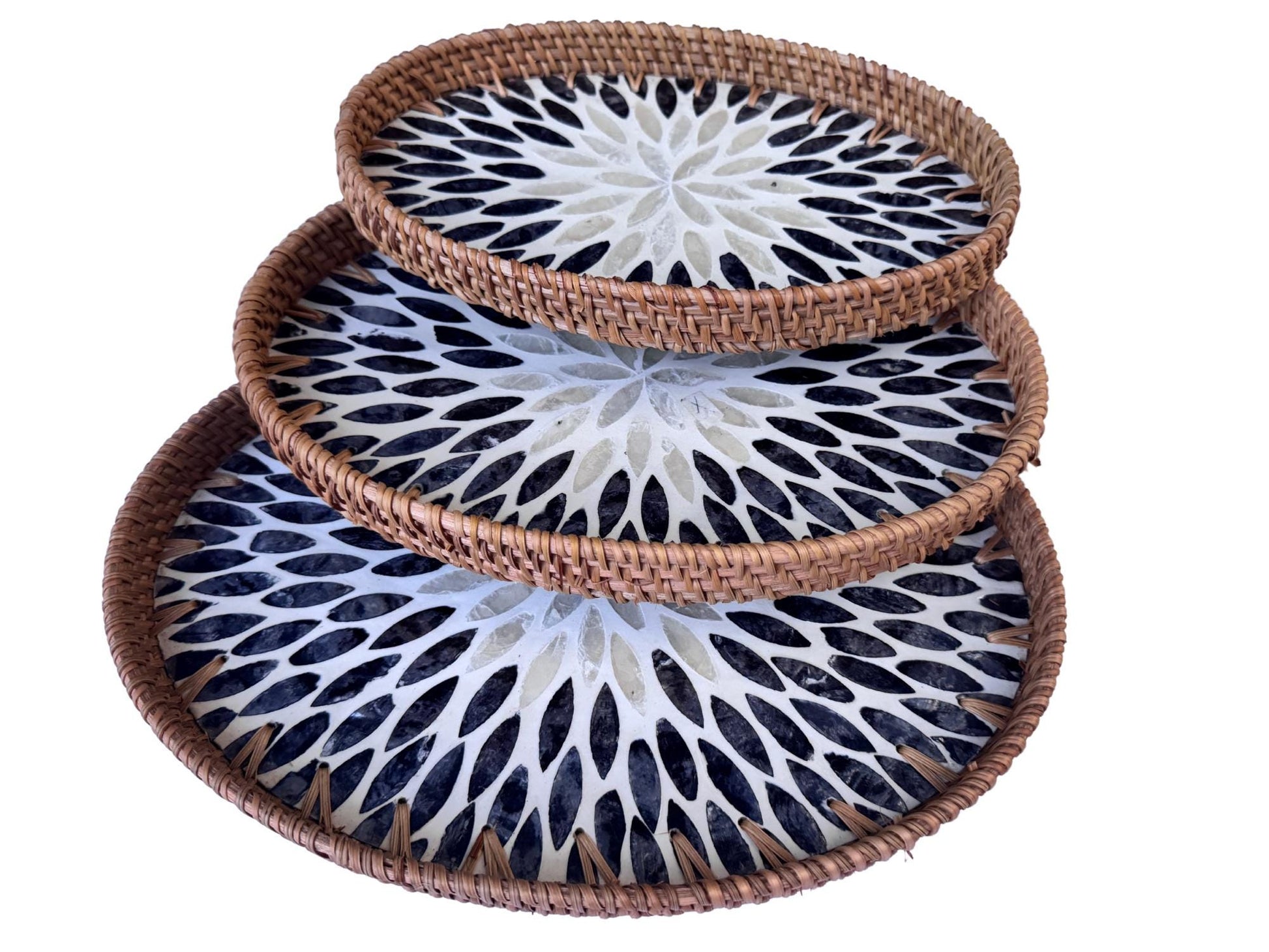 Oval Rattan Tray with Mother of Pearl Inlay - Boho Coffee Table Ottoman Styling Serving 112