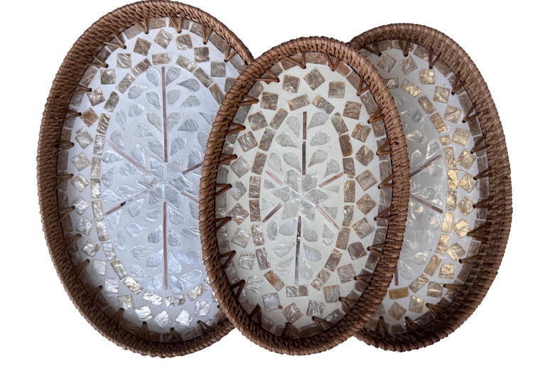 Oval Rattan Tray with Mother of Pearl Inlay - Coffee Table Ottoman Styling (Handmade Vietnam) 113