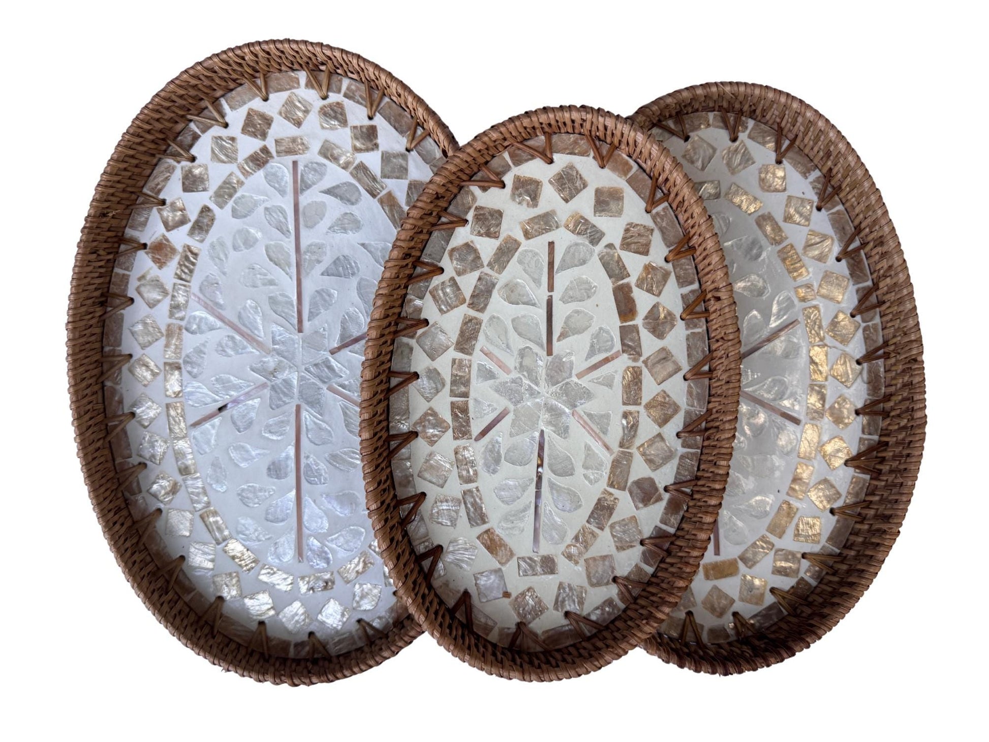 Oval Rattan Tray with Mother of Pearl Inlay - Coffee Table Ottoman Styling (Handmade Vietnam) 113