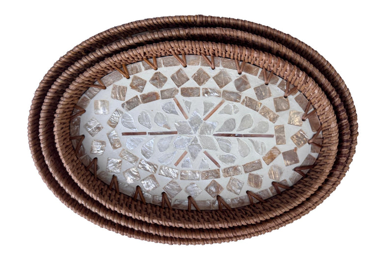Oval Rattan Tray with Mother of Pearl Inlay - Coffee Table Ottoman Styling (Handmade Vietnam) 113
