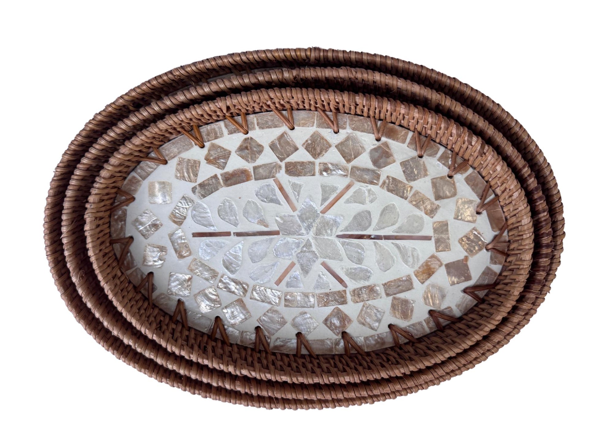 Oval Rattan Tray with Mother of Pearl Inlay - Coffee Table Ottoman Styling (Handmade Vietnam) 113