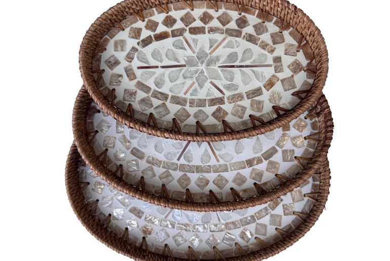 Oval Rattan Tray with Mother of Pearl Inlay - Coffee Table Ottoman Styling (Handmade Vietnam) 113