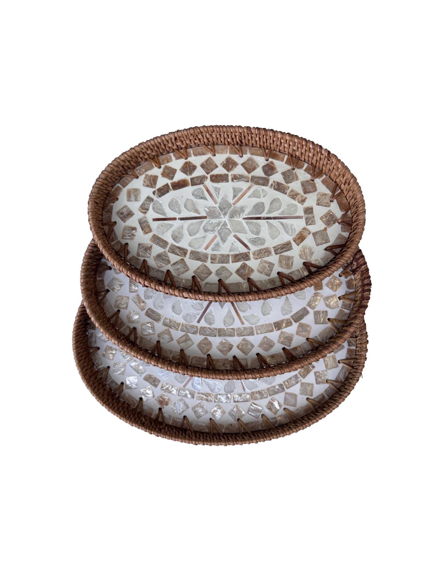 Oval Rattan Tray with Mother of Pearl Inlay - Coffee Table Ottoman Styling (Handmade Vietnam) 113