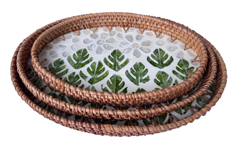 Oval Rattan Tray with Mother of Pearl Inlay - Boho Coffee Table Ottoman Decor 132