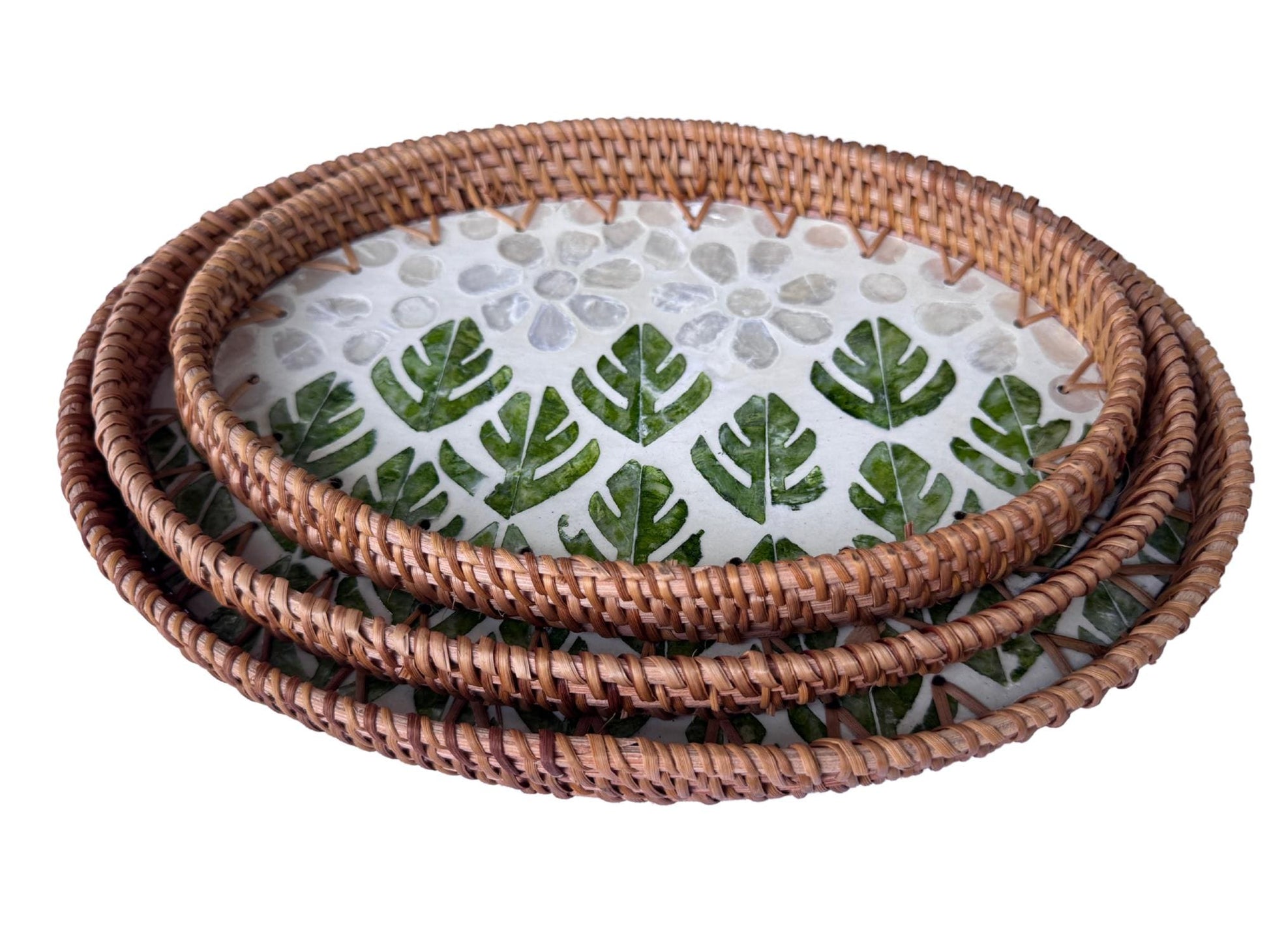 Oval Rattan Tray with Mother of Pearl Inlay - Boho Coffee Table Ottoman Decor 132