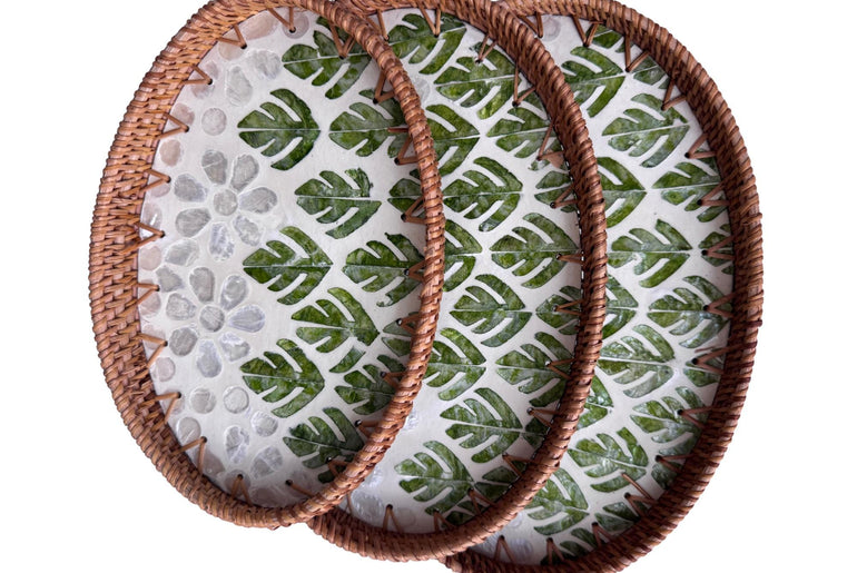 Oval Rattan Tray with Mother of Pearl Inlay - Boho Coffee Table Ottoman Decor 132