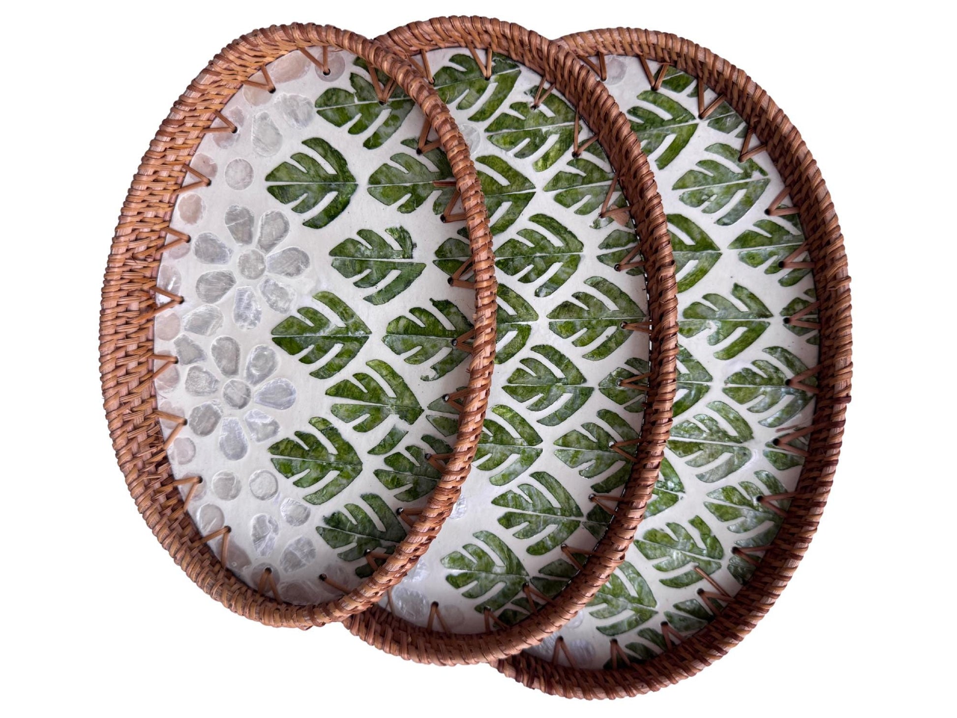 Oval Rattan Tray with Mother of Pearl Inlay - Boho Coffee Table Ottoman Decor 132