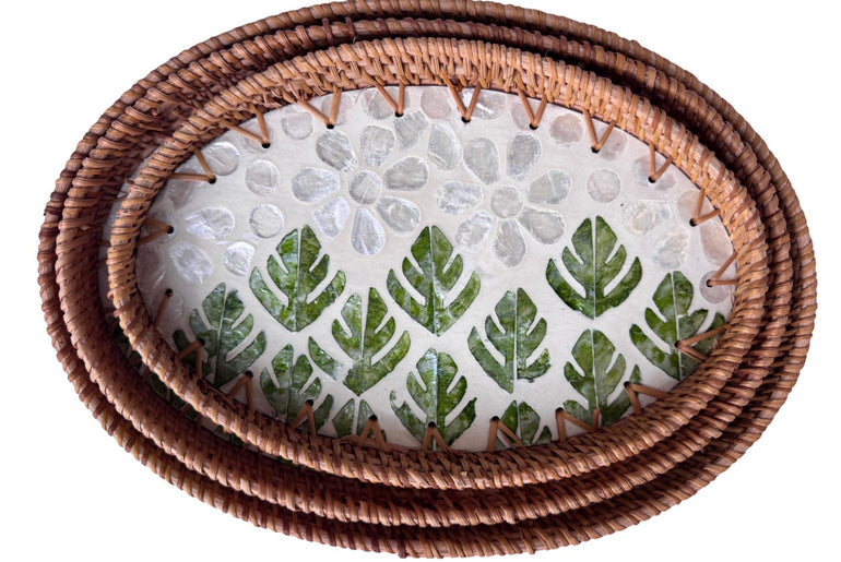 Oval Rattan Tray with Mother of Pearl Inlay - Boho Coffee Table Ottoman Decor 132