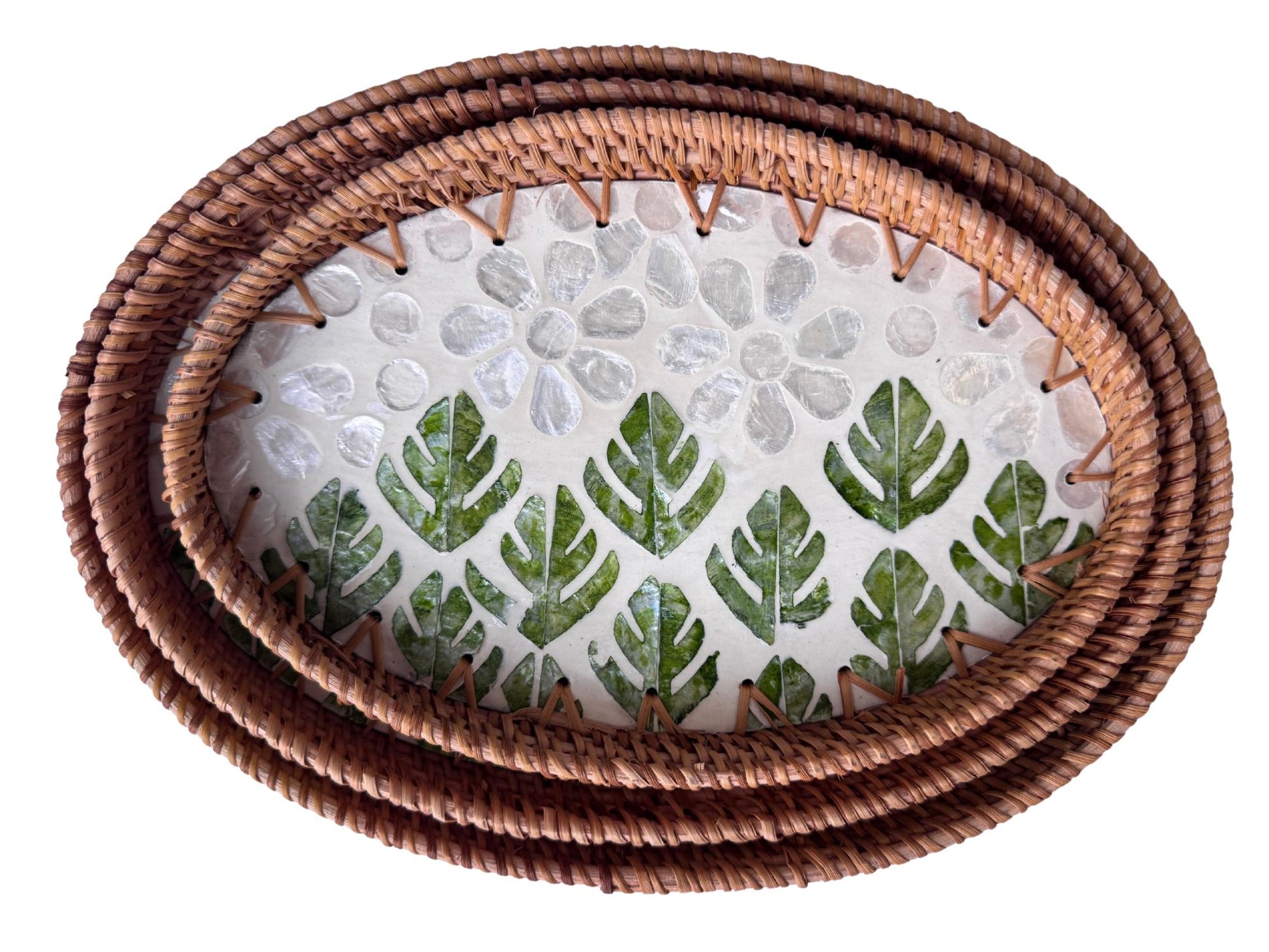 Oval Rattan Tray with Mother of Pearl Inlay - Boho Coffee Table Ottoman Decor 132