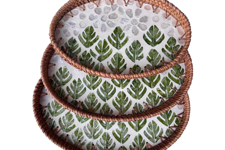 Oval Rattan Tray with Mother of Pearl Inlay - Boho Coffee Table Ottoman Decor 132
