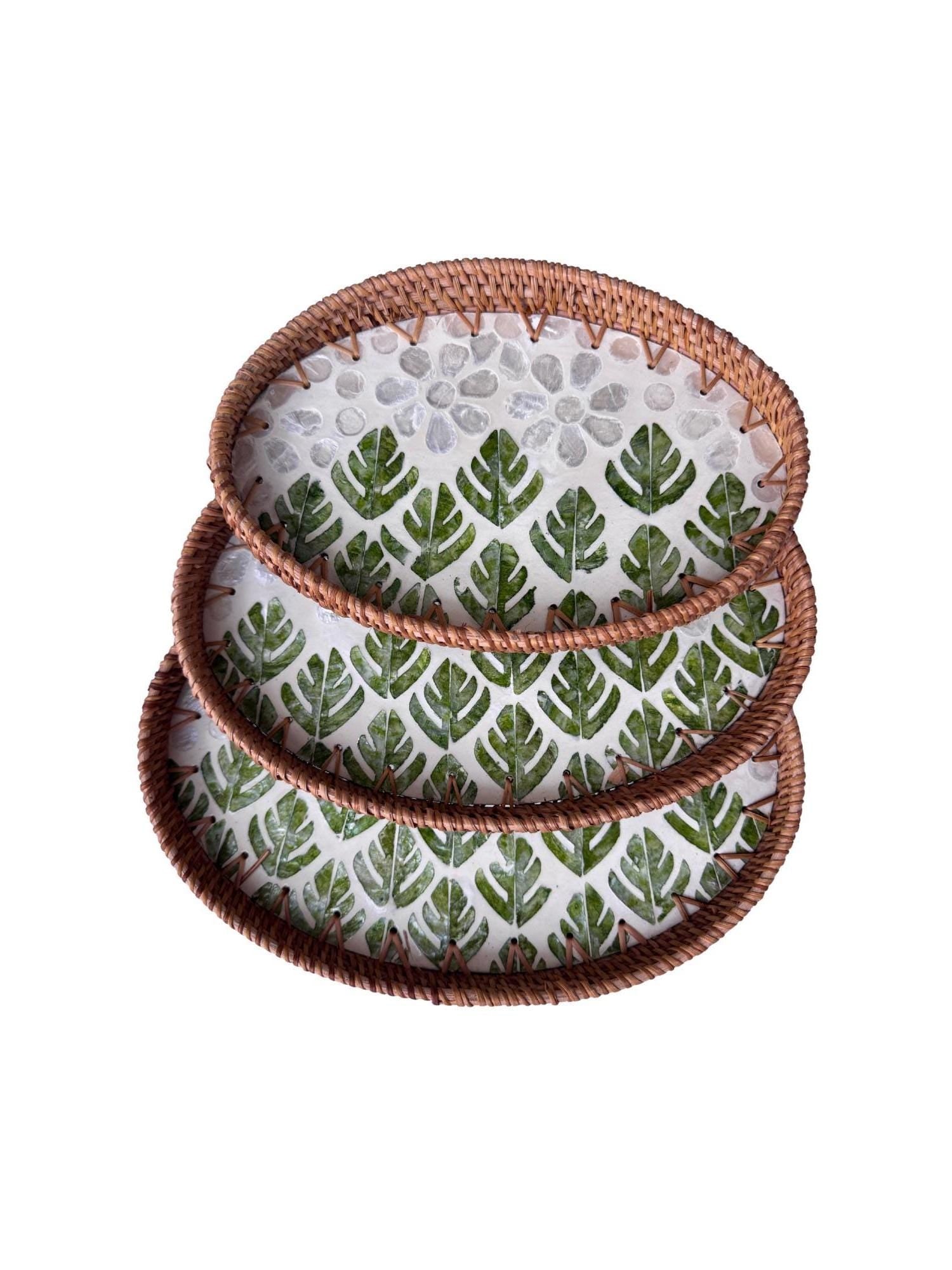 Oval Rattan Tray with Mother of Pearl Inlay - Boho Coffee Table Ottoman Decor 132