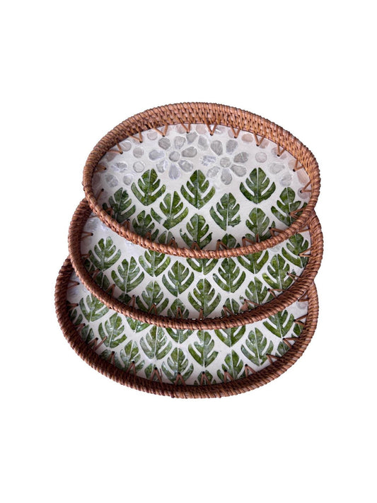 Oval Rattan Tray with Mother of Pearl Inlay - Boho Coffee Table Ottoman Decor 132
