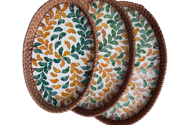 Oval Rattan Tray with Mother of Pearl Inlay - Boho Coffee Table Ottoman, Handmade Vietnam 131