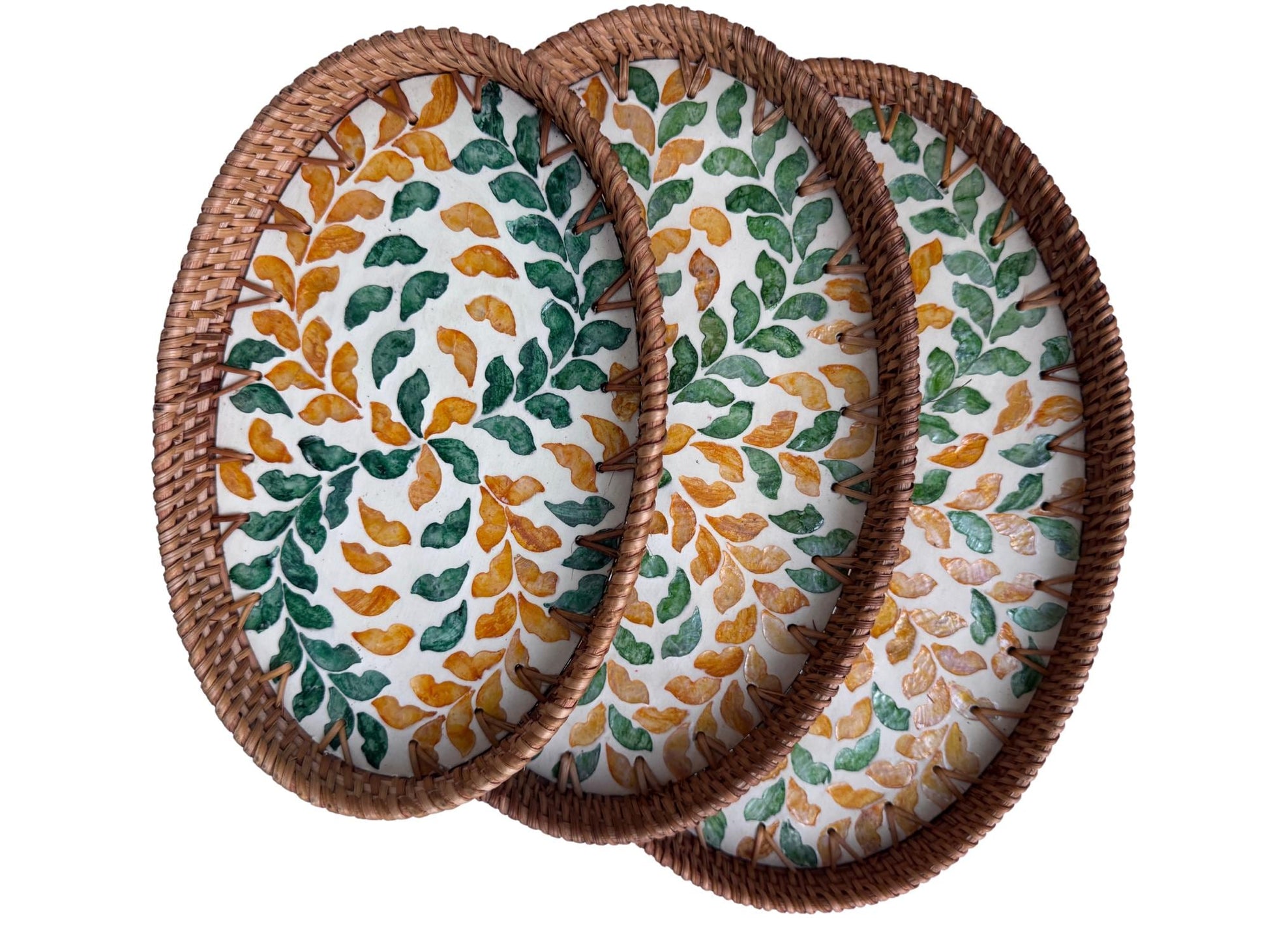 Oval Rattan Tray with Mother of Pearl Inlay - Boho Coffee Table Ottoman, Handmade Vietnam 131