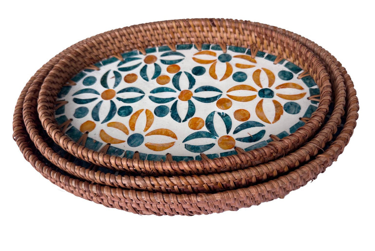 Oval Rattan Tray with Mother of Pearl Inlay - Boho Coffee Table Ottoman Styling Serving 136