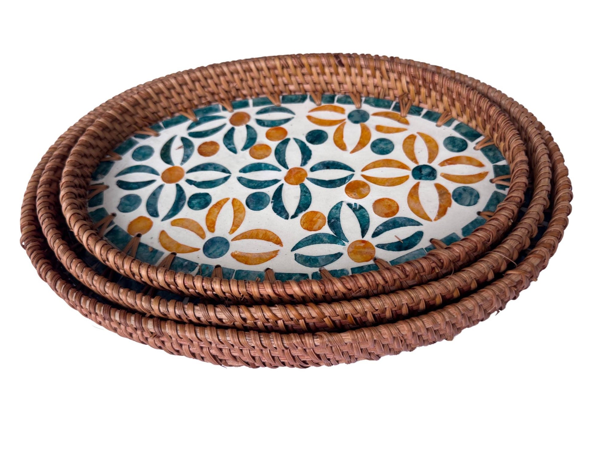 Oval Rattan Tray with Mother of Pearl Inlay - Boho Coffee Table Ottoman Styling Serving 136