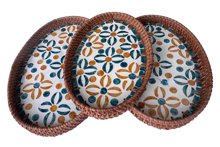 Oval Rattan Tray with Mother of Pearl Inlay - Boho Coffee Table Ottoman Styling Serving 136