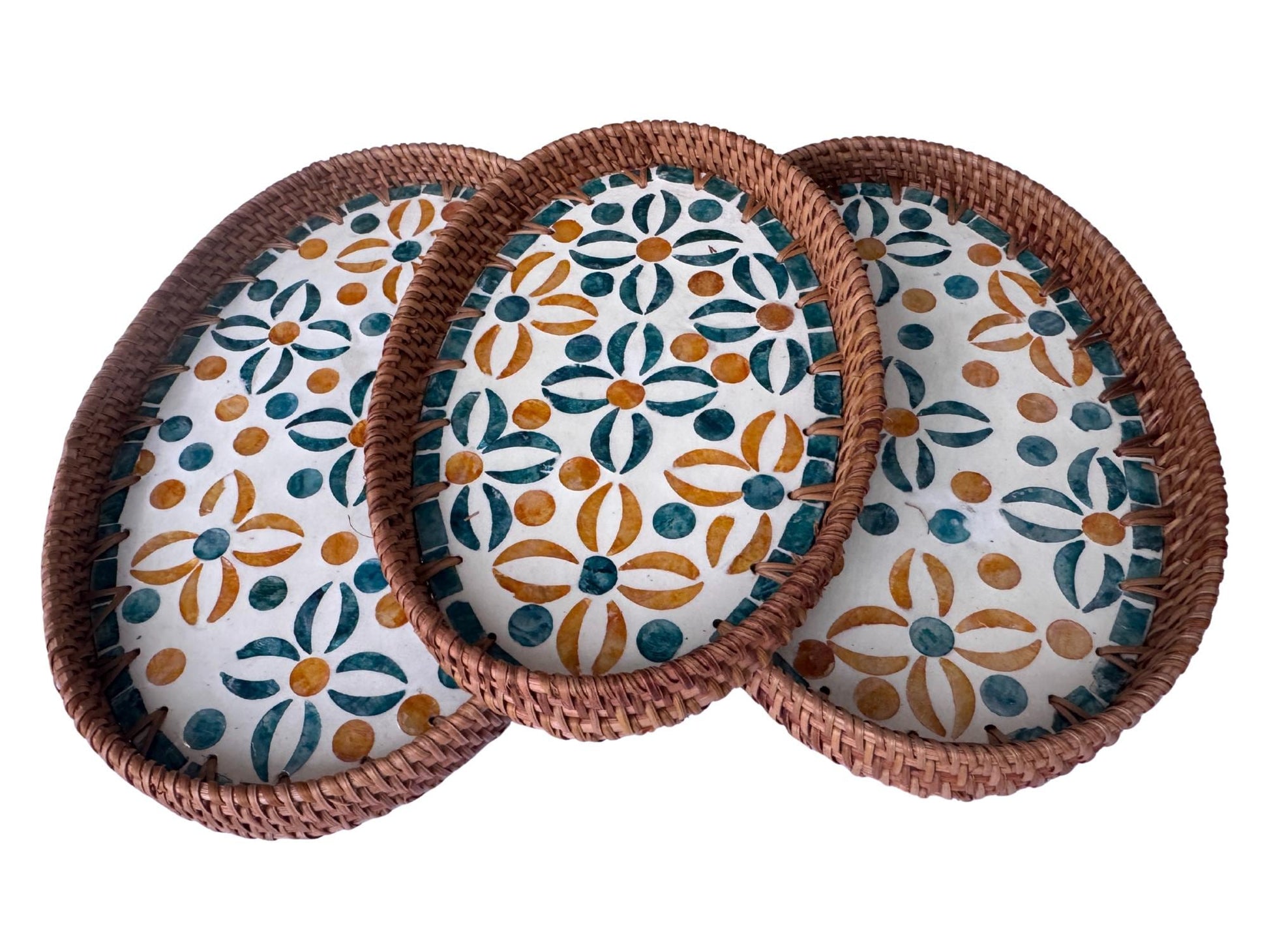 Oval Rattan Tray with Mother of Pearl Inlay - Boho Coffee Table Ottoman Styling Serving 136