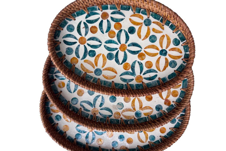 Oval Rattan Tray with Mother of Pearl Inlay - Boho Coffee Table Ottoman Styling Serving 136