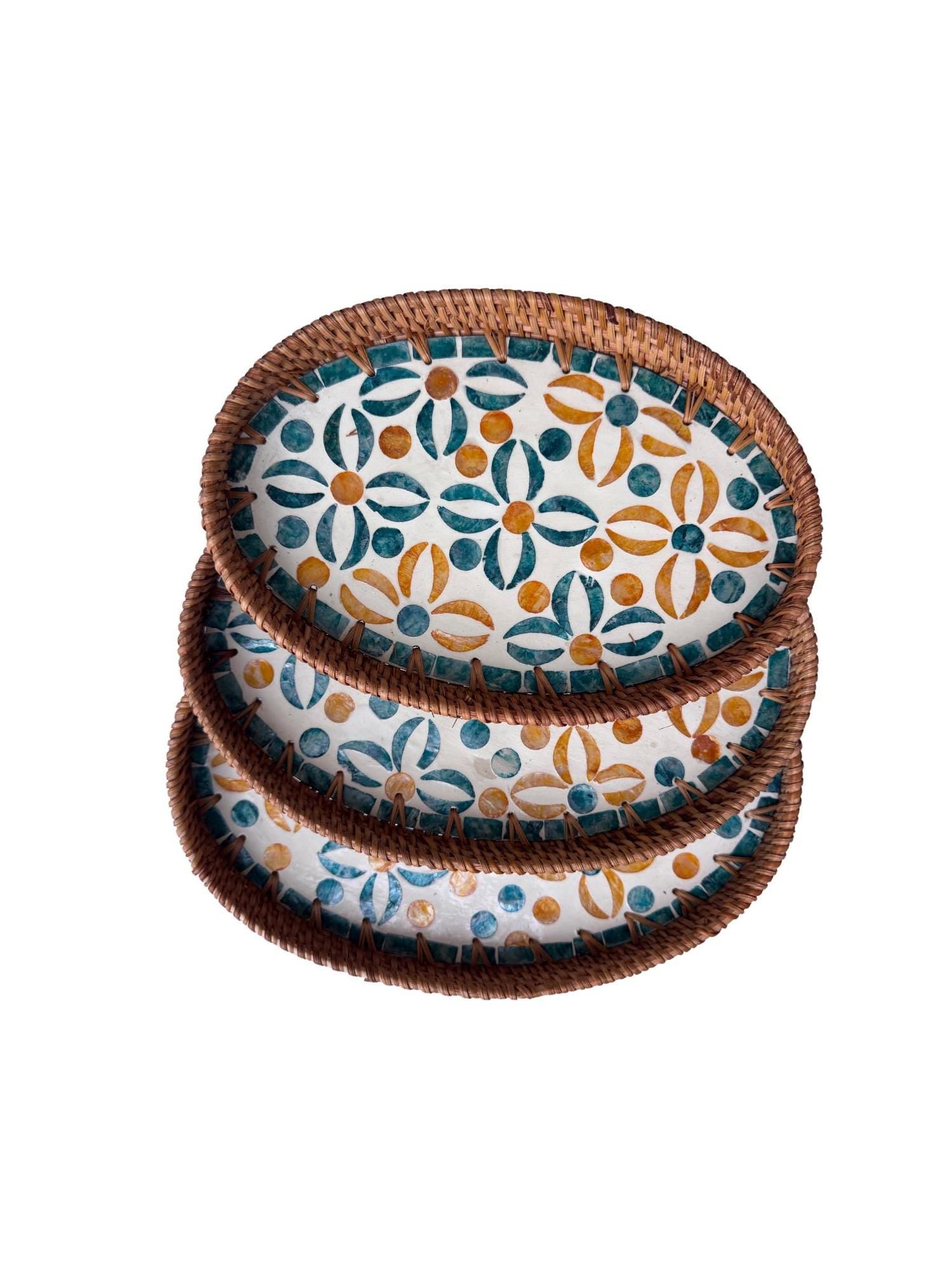 Oval Rattan Tray with Mother of Pearl Inlay - Boho Coffee Table Ottoman Styling Serving 136