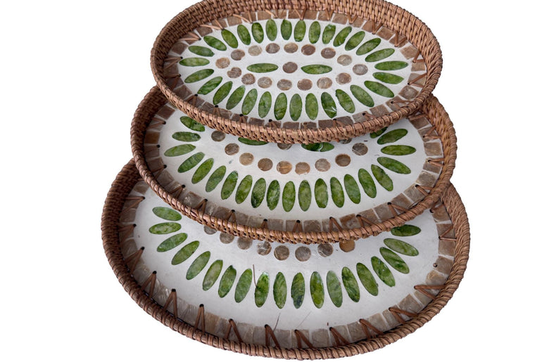 Oval Rattan Tray with Mother of Pearl Inlay - Boho Coffee Table Ottoman Styling Serving 135